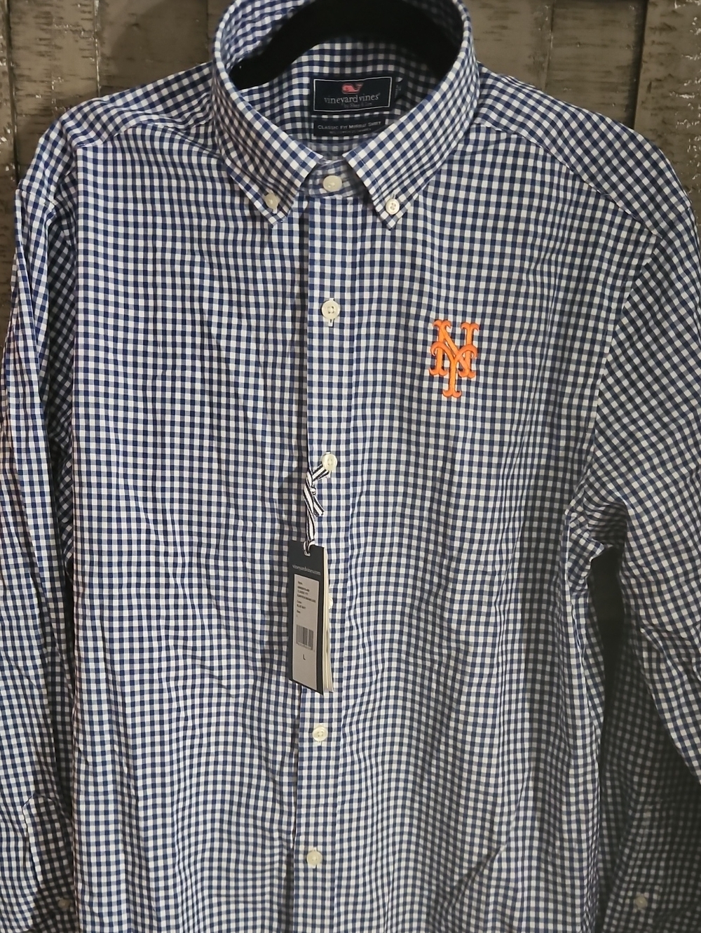 NY METS OVineyard Vines Men's Blue Gingham Button-Down Shirt with NY mets Logo